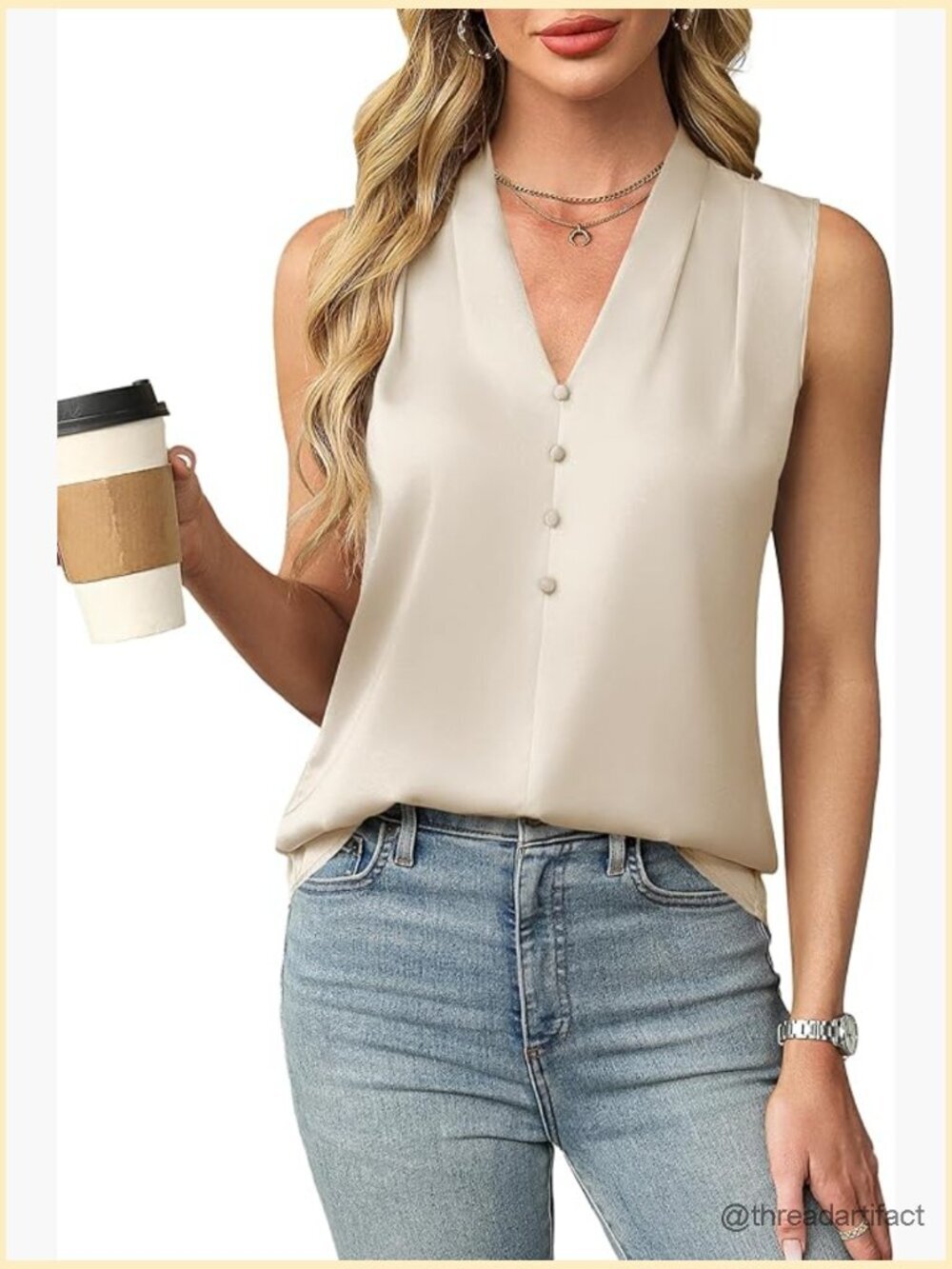 Dressy Satin Tank Top V-Neck Button Blouse Business Casual Sleeveless Work Shirt